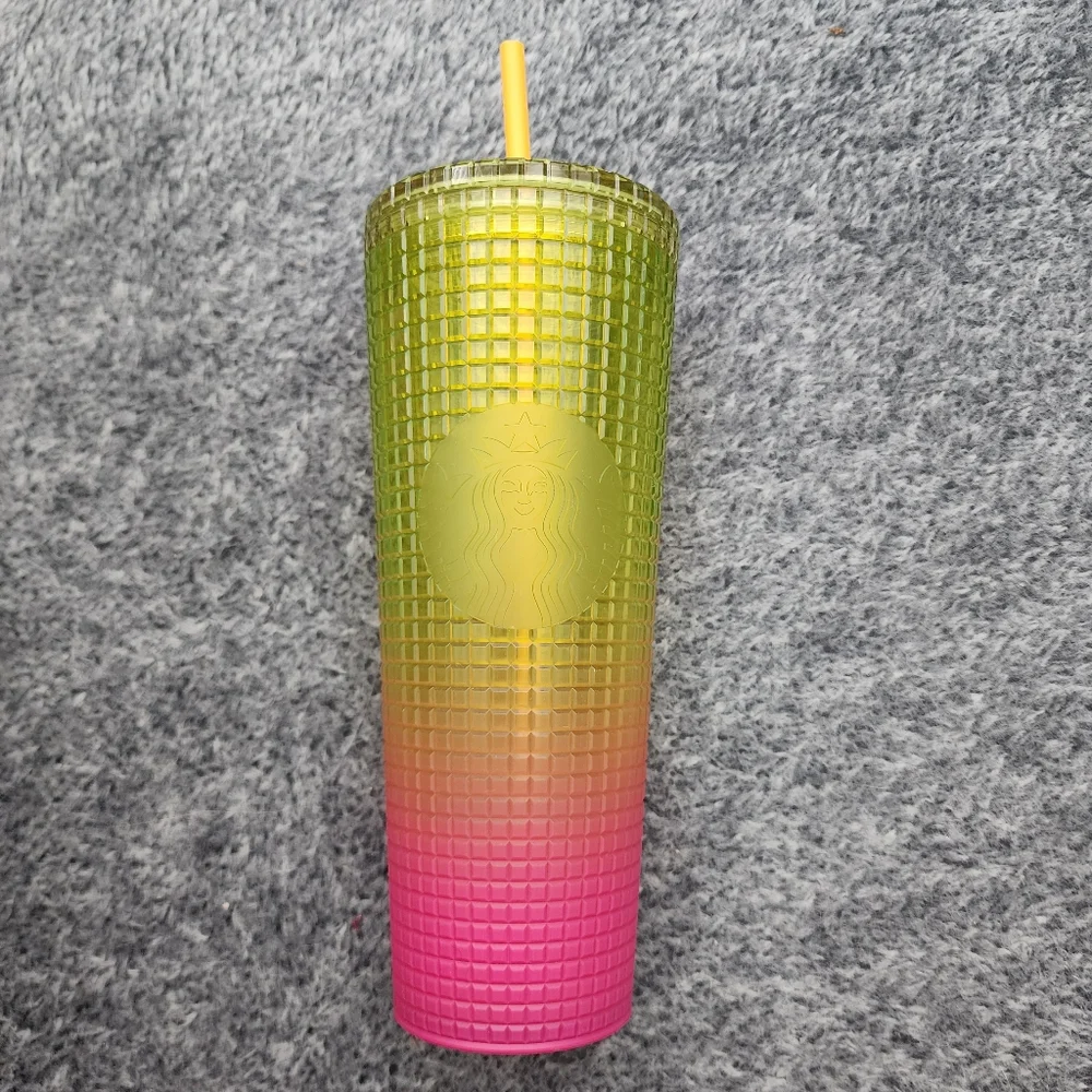 Starbucks Tumbler Cup Pink and Yellow Grid Textured Design Venti
